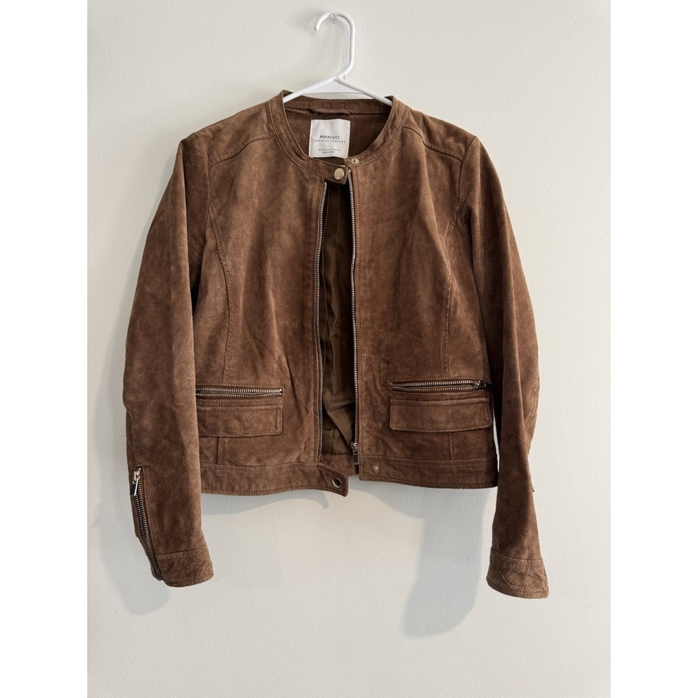 Mango Genuine Leather Suede Biker Jacket Womens Small Brown Zipper Cuffs